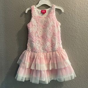 Pinky Youth Girls Dress Size 5 Pink White Rose Rosettes Dropped Waist Ruffles